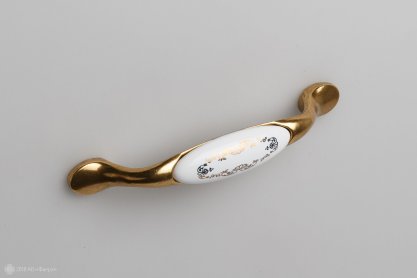 RS113 мебельная ручка-скоба 96 мм старинная латунь с белой керамической вставкой и золотым узором